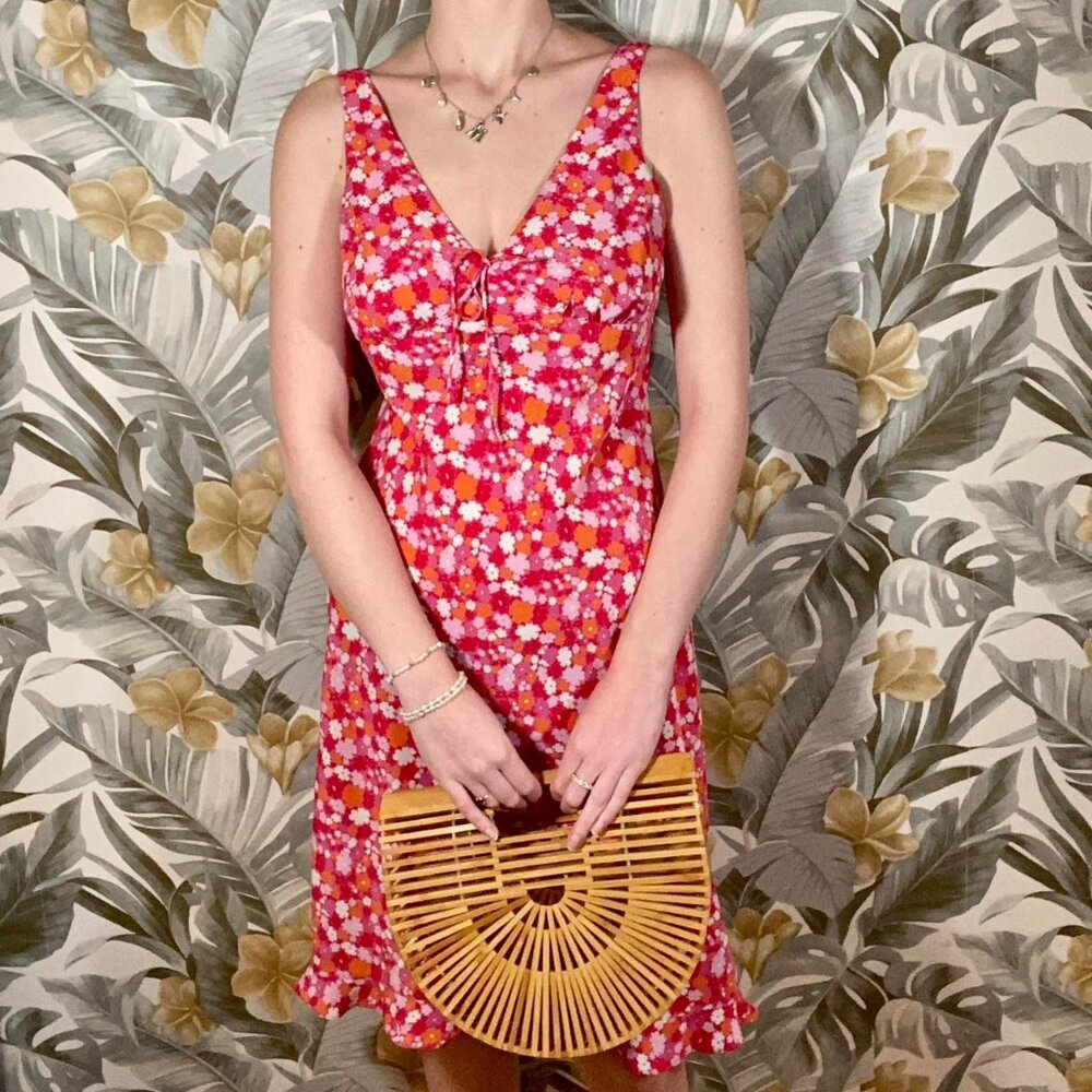 Pink and Orange Floral Sundress Midi Slip Dress VNeck Retro y2k express size 7/8